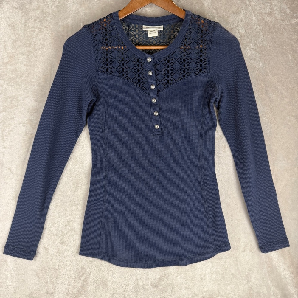 Ariat Womens Navy Blue Waffle Knit Crochet Lace Henley Top XS Long Sleeve Slim